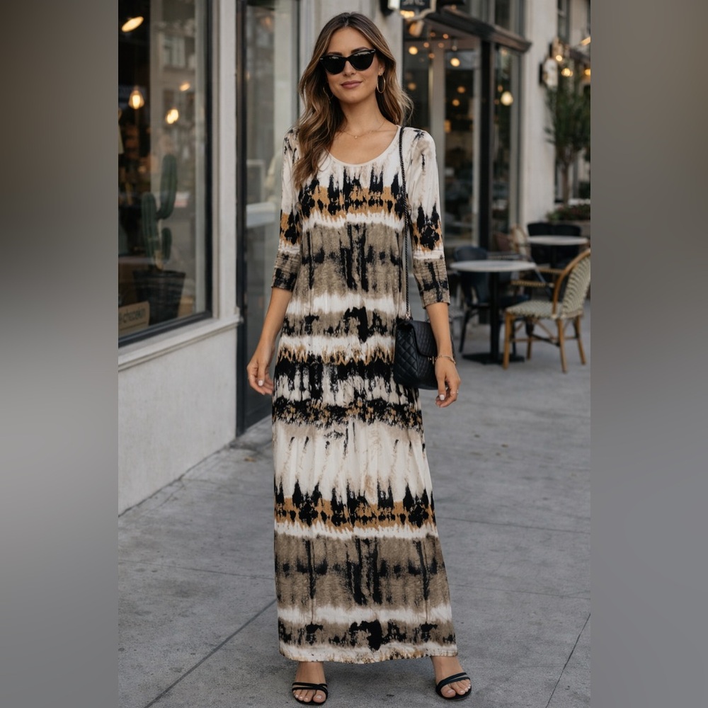 Midnight Velvet Soft Long Maxi Dress Size M Tie Dye Neutral 3/4 Sleeve Stretch